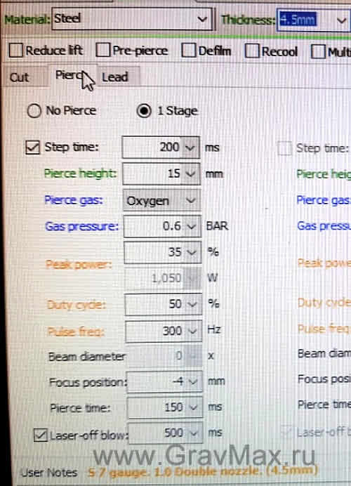 Режим лазерной резки Углеродистая сталь 4,5мм Лазерный источник 3000Вт CypCut