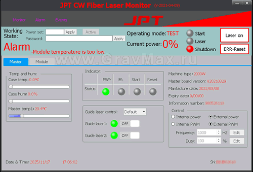 JPT CW Fiber Laser Monitor V-2021-04-09 Программа монитор диагностика лазерных источников