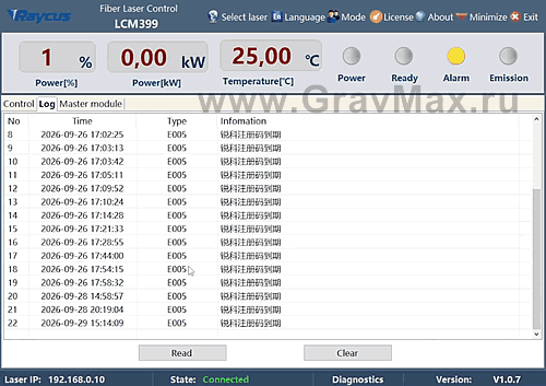 Alarm E005 ошибка лазерных источников Raycus RFL-C1000 RFL-C1500 RFL-C2000 RFL-C3000