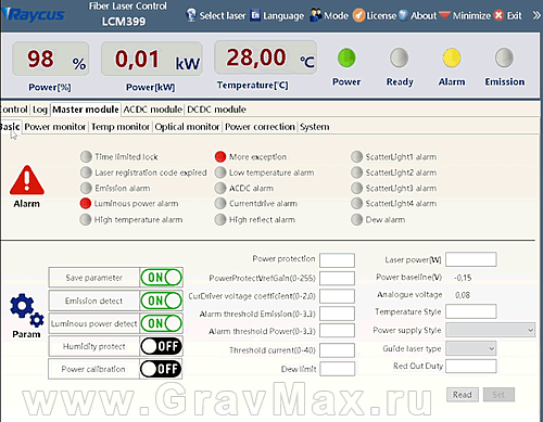 Luminous power alarm Ошибка лазерного источника Raycus