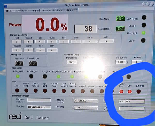 Проблема с лазерным излучателем RECI FC3000. Ошибки Water temp Fault Cool Fault
